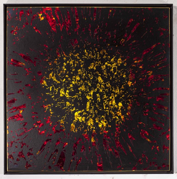 Rote Runde, 2018, 100x100cm, Übermalter Reliefdruck auf Messing