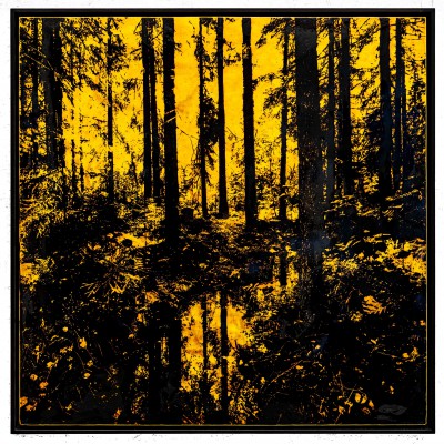 Waldspiegel 2021, 100x100cm, Malerei Reliefdruck auf Messing