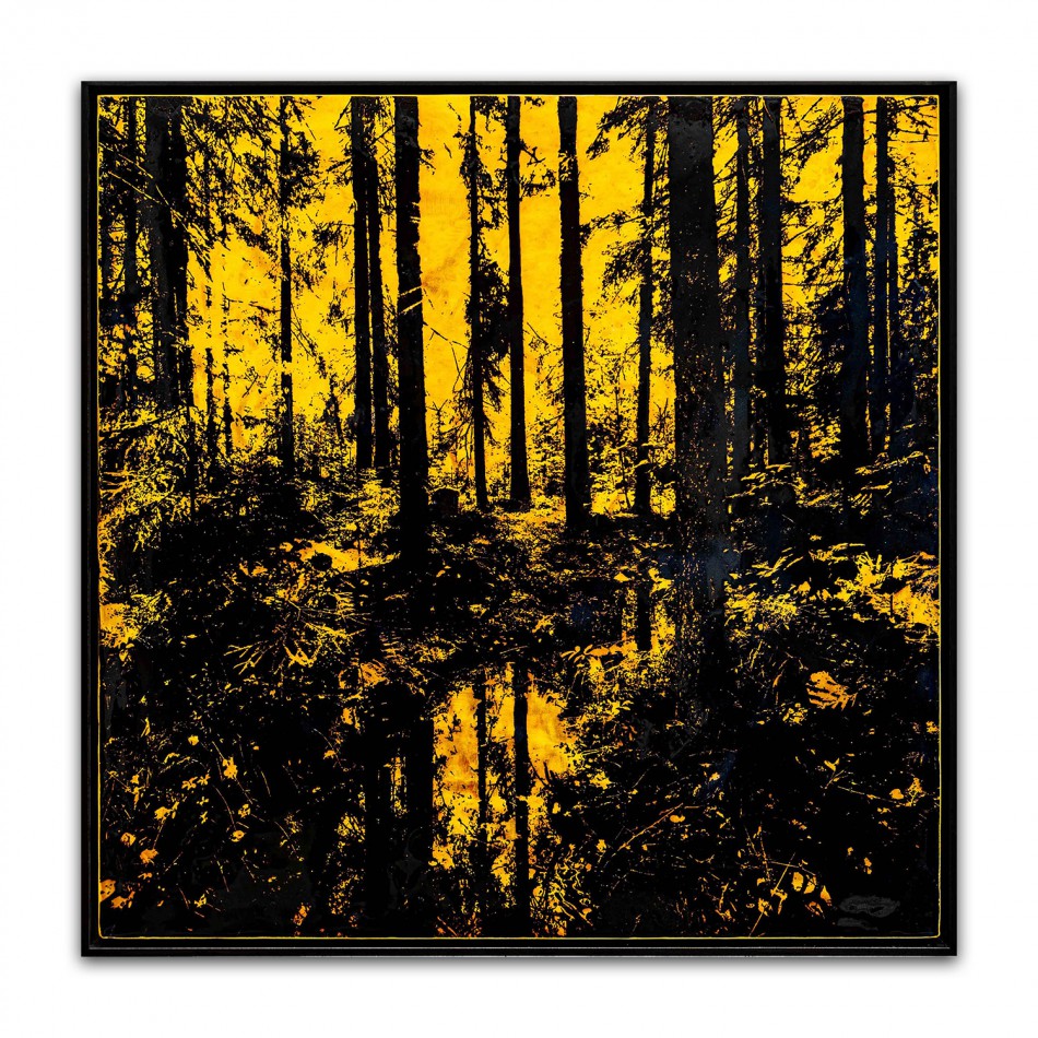 Waldspiegel 2021, 100x100cm, Malerei Reliefdruck auf Messing